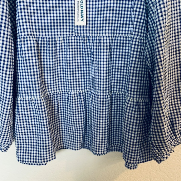 Old Navy Tiered Seersucker Long Sleeve Top XXL NEW Blue White Gingham Plaid NWT - Picture 6 of 12